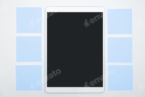 Preview: Office Stationery Notepads Ruler Stapler Scissors Paper Clips Holders Clipboard Placed Over Table