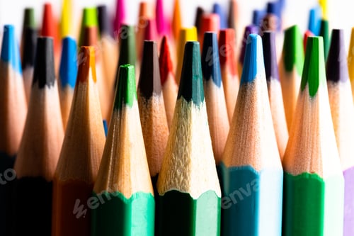 Preview: Close up of multi coloured pencils and copy space on white background