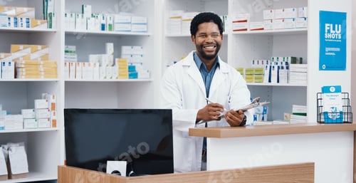 Preview: Pharmacist, portrait or black man writing on clipboard for medicine check, retail or medical prescr