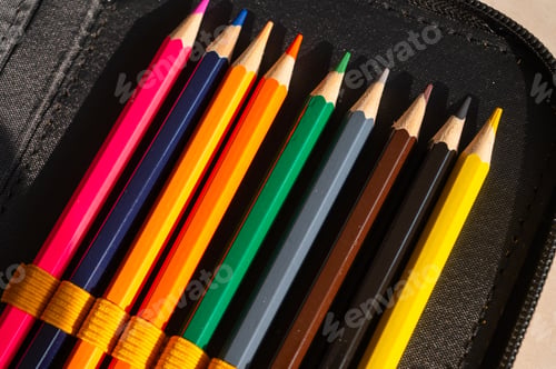 Preview: multi-colored pencils in a schoolboy's pencil case