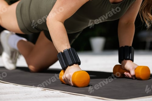 Preview: Push-ups on dumbbells, wrist weights, outdoor fitness, strength, and healthy lifestyle.