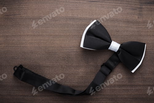Preview: Elegant Black Bowtie with White Trim on Wood