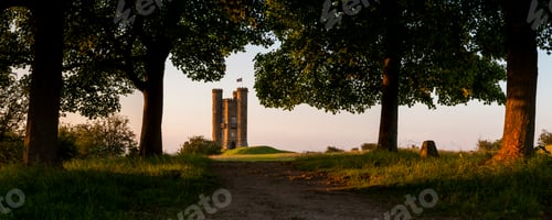 Preview: Broadway Tower at sunset, a national trust property at Broadway, The Cotswolds, Gloucestershire, Eng