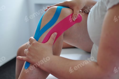 Preview: Knee treatment, massaging the leg and knee, kinesiology tapes