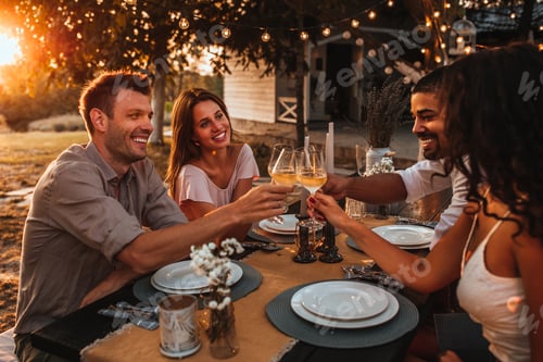 Friends Toasting at a Dinner Party Outdoors