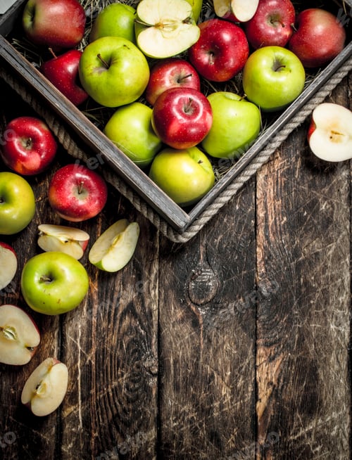 Preview: box with fresh red and green apples.