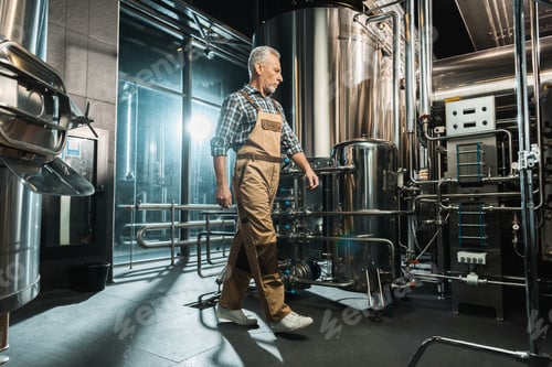 Preview: professional senior owner in working overalls walking in brewery