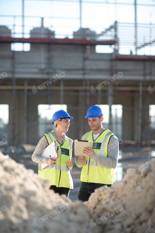Preview: Surveyor using digital tablet talking to builder on construction site