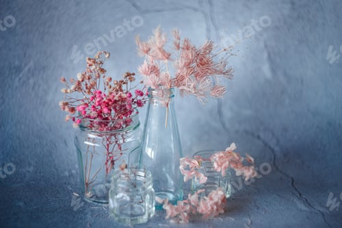 Preview: still life shots with shabby flowers on a rustic background, painterly style