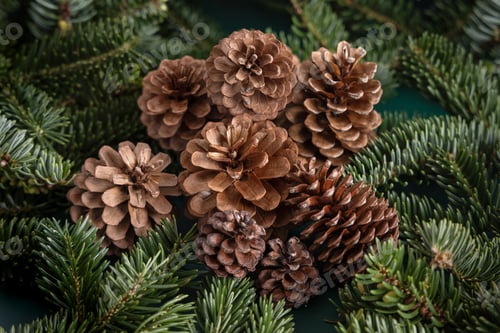 Preview: Fir branches and pine cones close up. Christmas or New Year Holiday winter composition