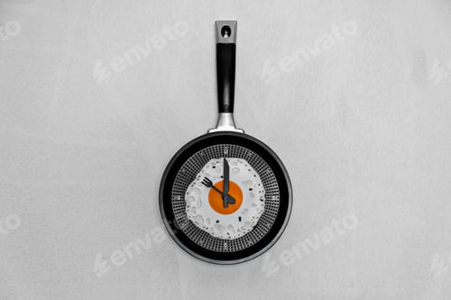 Preview: breakfast time concept fried egg on cooking pan shaped clock on light background