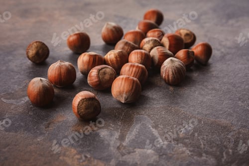 Preview: close up view of shelled hazelnuts on grey tabletop
