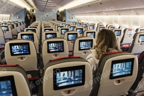 Preview: Seats on board of airplane. Cabin of economy class with tv screens and first passengers.
