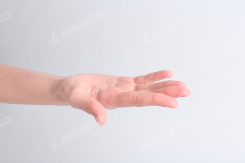 Preview: Woman holding hand on white background, closeup