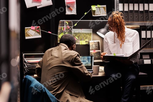Preview: Private investigators analyzing surveillance photos and reading case file