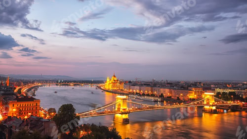Preview: Budapest city night scene. View at Chain bridge, river Danube an