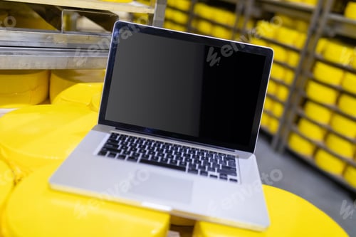 Preview: Laptop isolated on big heads of cheese in cheese-making factory