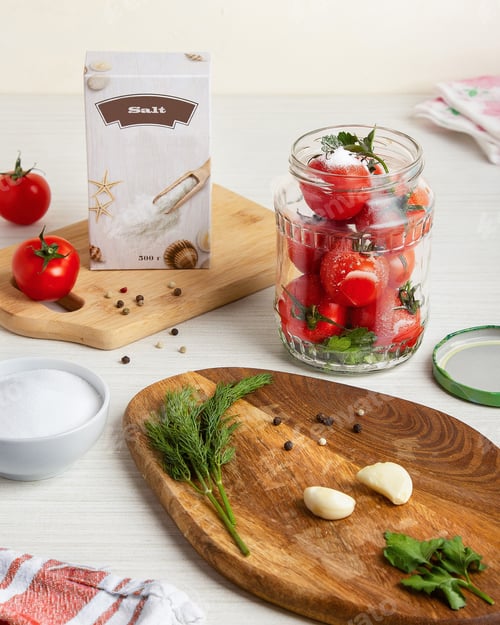 Preview: Pickled Tomatoes and Spices on a Wooden Table