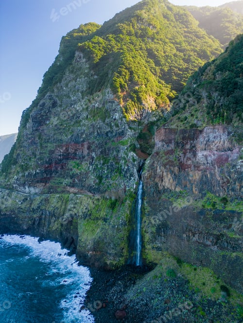 Preview: Beautiful view of cliffs and Corrego da Furna waterfall. Madeira, Portugal