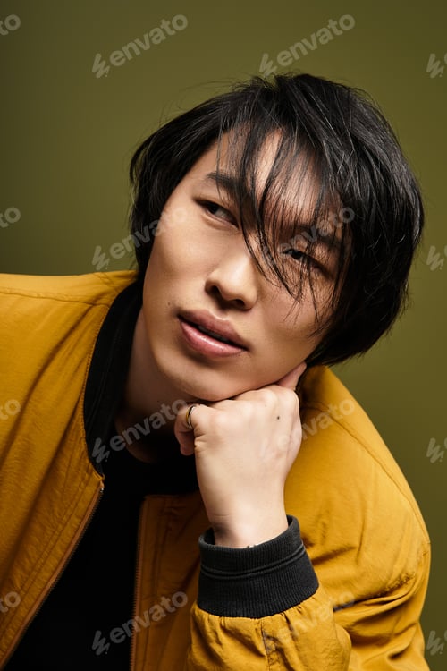 Preview: Stylish young man poses confidently in a vibrant studio setting with artistic flair