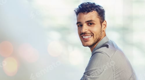 Preview: Portrait, business man and smile in office on banner, startup company or workplace on bokeh. Face,