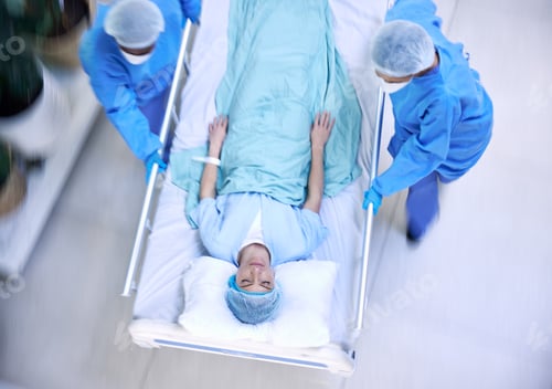 Preview: Doctors, team and hurry with bed in hospital for medical emergency, surgery operation or helping fr