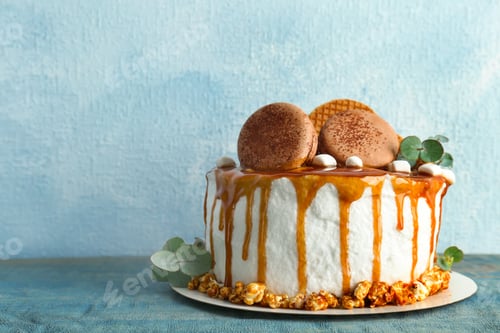 Preview: Delicious Cake Decorated with Macarons and Caramel
