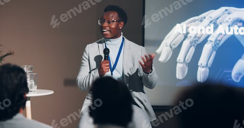 Preview: Black man, speaker and mic for presentation speech of robotic workshop, coaching or conference on s
