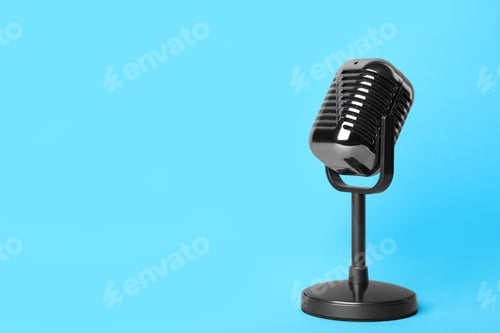 Preview: Retro microphone on light blue background, space for text. Interview