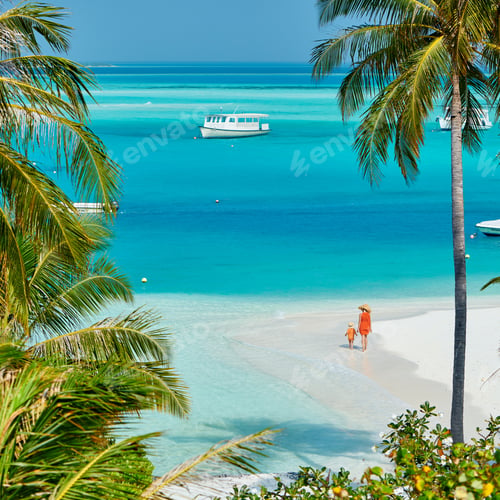 Preview: Three Year Old Toddler Boy On Beach With Mother. Summer Family Vacation At Maldives.