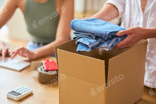 Preview: Two Women Friends Running Online Fashion Business Packing Order Of Denim Jeans Up Into Box