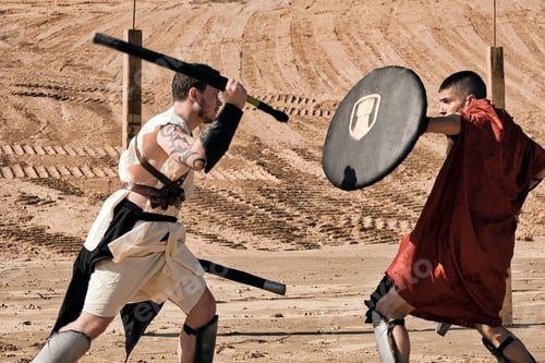 Preview: A Concept Photo Of A Roman Battle Of Two Warriors Of The Colosseum In Action With Aggressive