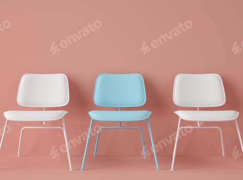 Preview: 3D Illustration. Row of chairs with one with different colour.