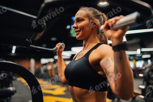 Preview: Determined sportswoman lifting weights, achieving fitness goals at the gym