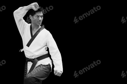 Preview: Taekwondo master judo aikido or karate man black belt action tiger stand for self defense