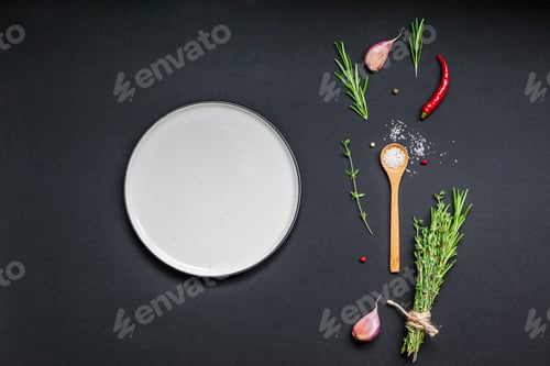 Preview: Empty plate with greens herbs and spices around