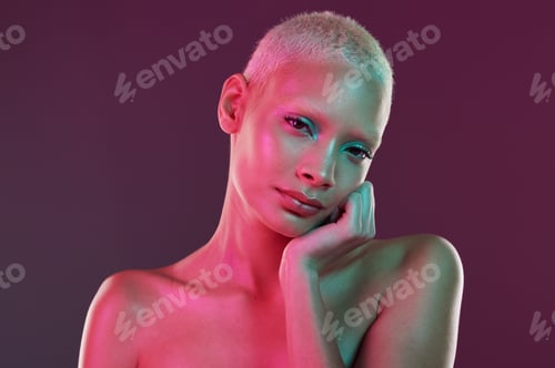 Preview: Skincare, neon face and portrait of woman with makeup and lights for creative advertising on studio