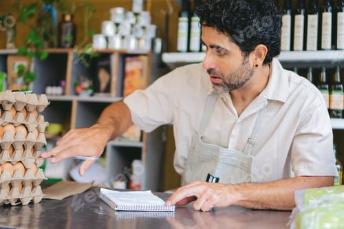 Preview: middle-aged Latin man behind the counter at an organic grocery shop, checking the brown eggs