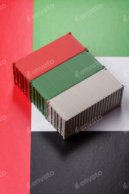 Preview: Cargo container on the uae flag as a conceptual backdrop for goods export. Cargo container
