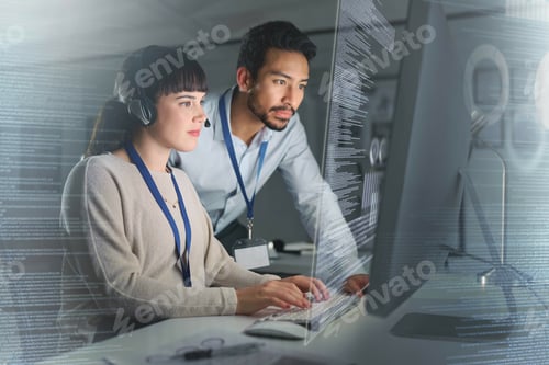 Preview: Customer support, call center overlay and business people on computer for telemarketing, crm and ne