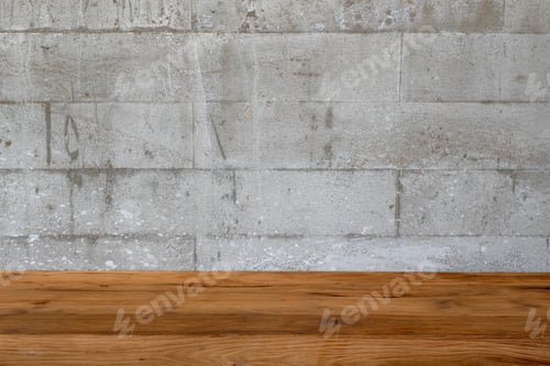 Preview: Closeup image of vintage wooden table with concrete wall texture and detail