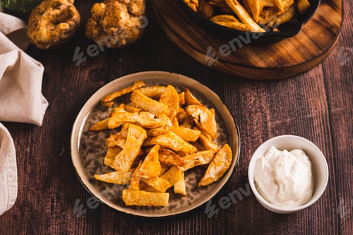 Preview: Fried celery root on a plate and sauce in a bowl on the table
