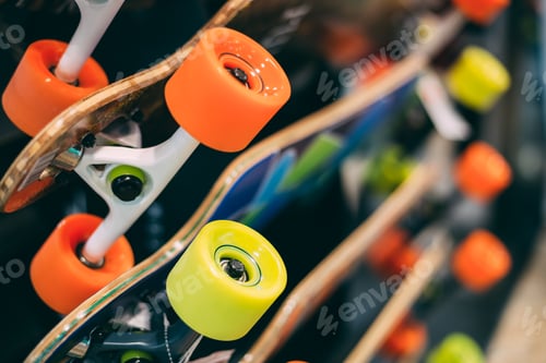 Preview: Close Colorful Skateboards Displayed At Rack On Sale In Shopping