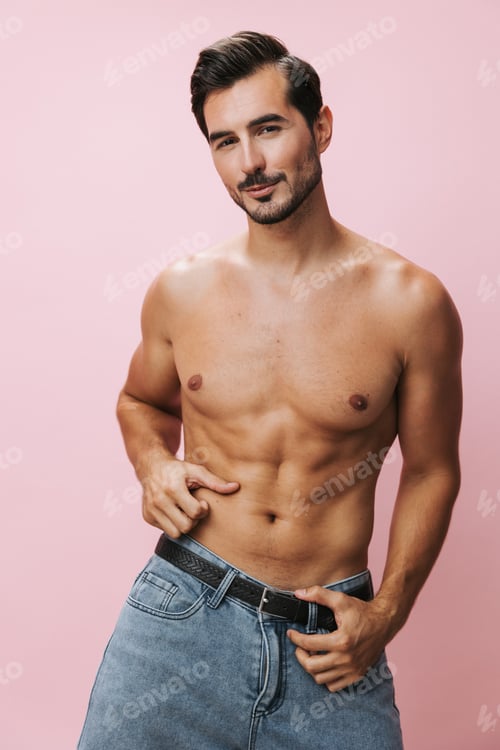 Preview: Man torso body holiday pink background lifestyle belt sexy sport naked muscle jeans muscular fitness