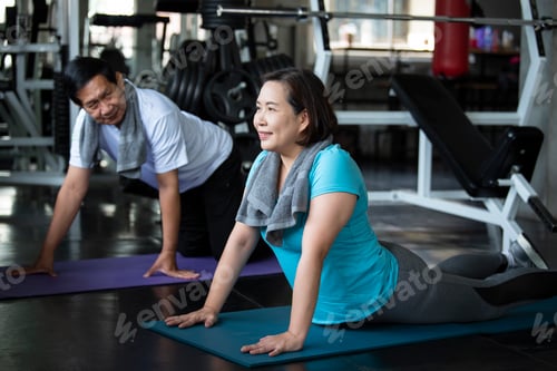 Preview: Group of friend asian senior stretching exercise at yoga gym. elderly healthy lifestyle.