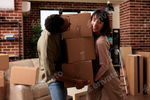 Preview: Portrait of married partners moving together in rented apartment
