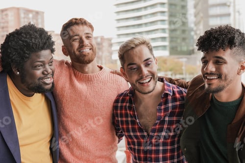 Preview: Group of young diverse men having fun together in the city