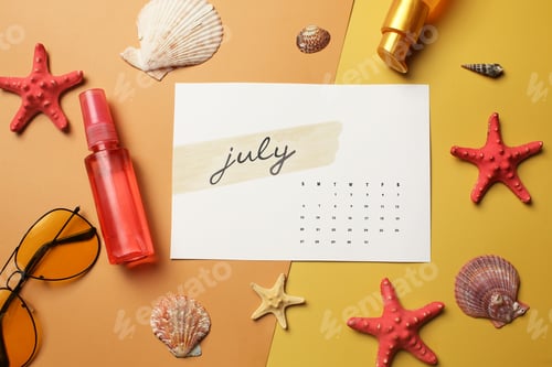 Preview: July Calendar with Summer Elements on Yellow Background