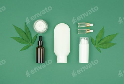 Preview: Natural hemp cosmetics . Hemp creams, foam and oils on a green background. Natural body care