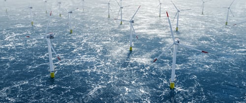 Preview: Offshore wind power and energy farm with many wind turbines on the ocean